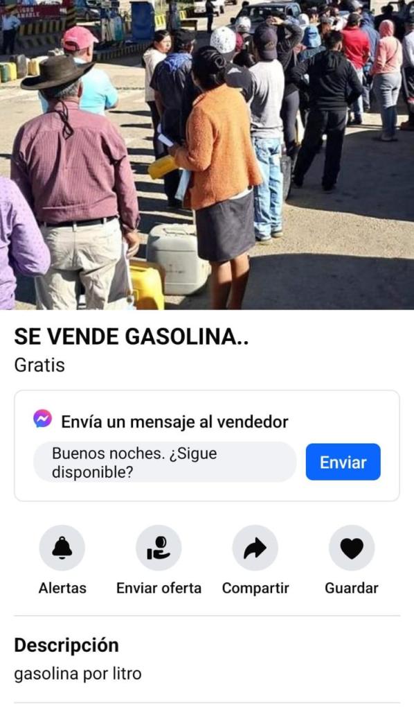 Venta de gasolina en redes sociales.
